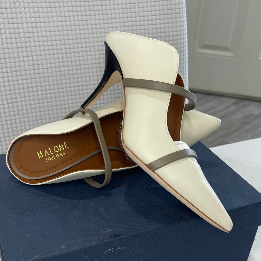 Malone Souliers Cream Pointed-Toe Mules with Taupe white, black, gray size 38
